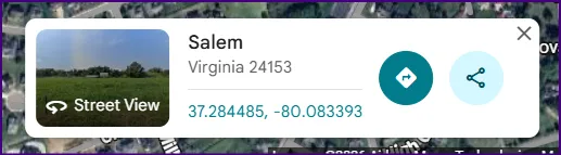 The Google Maps popup after dropping a point: the place name, its address, and the latitude and longitude 37.284485, -80.083393 in blue