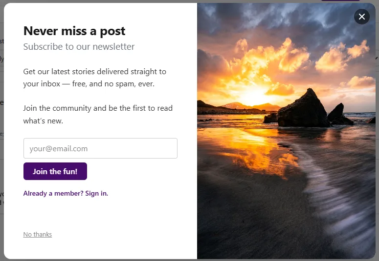 A signup popup with the text on the left and a full-bleed sunset photo on the right: a headline, three short paragraphs, an email box with a Join the fun button, a sign-in link and a No thanks link