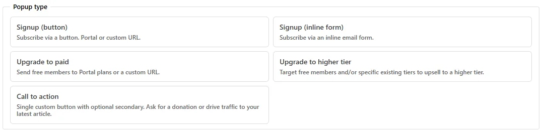 The Popup type picker: Signup (button), Signup (inline form), Upgrade to paid, Upgrade to higher tier and Call to action, each with a one-line description