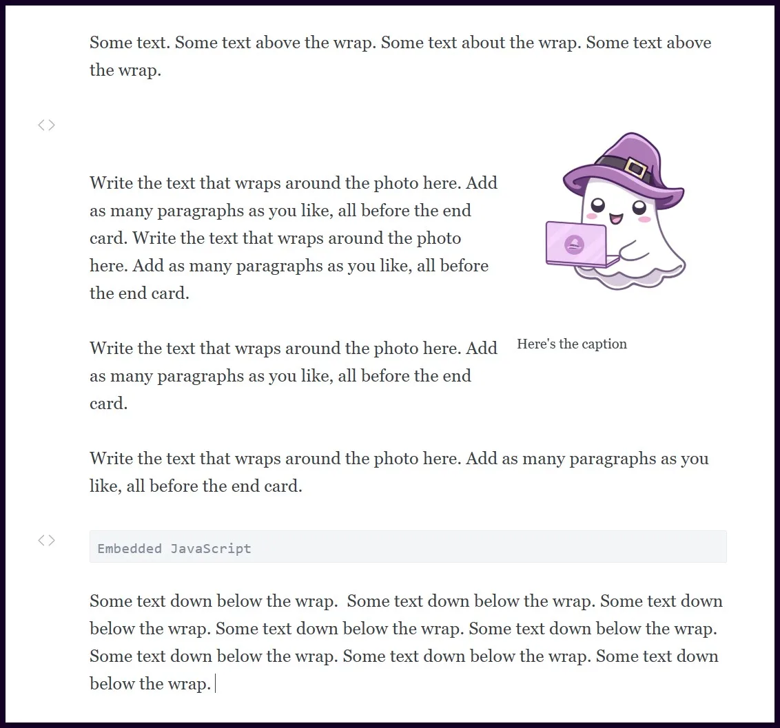 The Ghost editor: four paragraphs flowing beside a cartoon ghost on the right, with a blank HTML-card row above the photo and a grey Embedded JavaScript block under the text