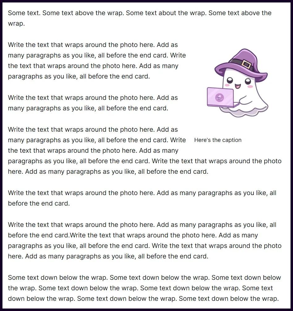 The same post published: the paragraphs wrap beside the photo and its caption, then carry on underneath at full width, with no blank row and no code block