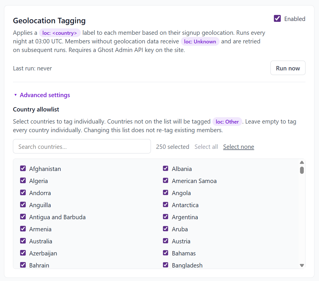 The Geolocation Tagging settings card, showing an Enabled toggle, a Run now button, and a searchable country allowlist