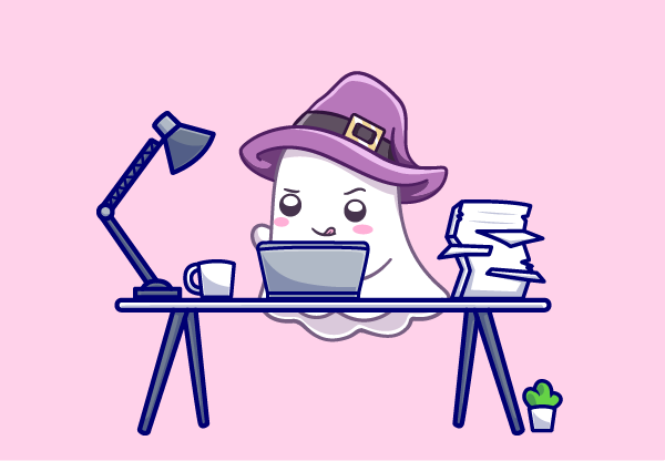 A cartoon ghost at a desk, working on a laptop