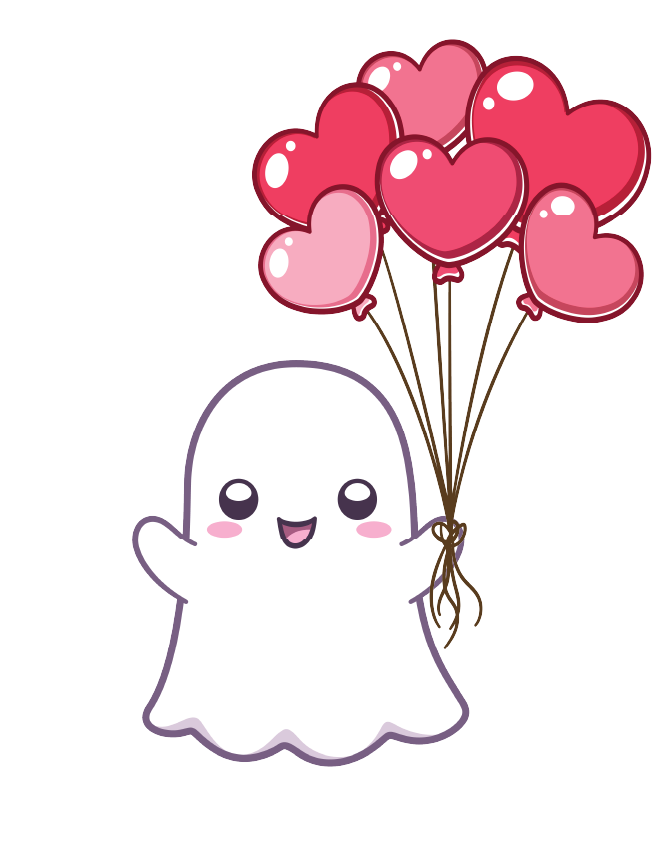 A ghost holding a bunch of heart-shaped balloons