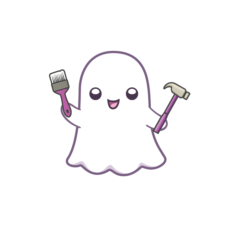 A ghost holding a paintbrush and a hammer