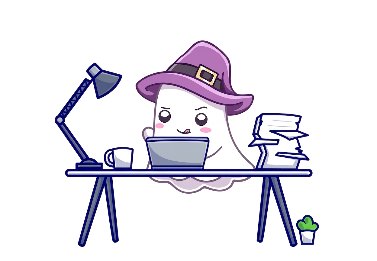 A ghost in a witch hat working at a desk, laptop open beside a stack of paper