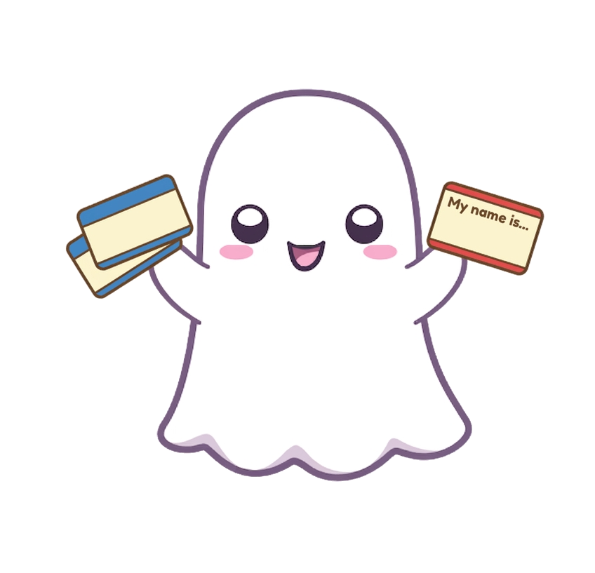 A cheerful ghost holding a stack of blank labels in one hand and a "My name is…" badge in the other