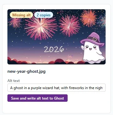 A library card flagged Missing alt, with alt text typed in and a Save and write alt text to Ghost button