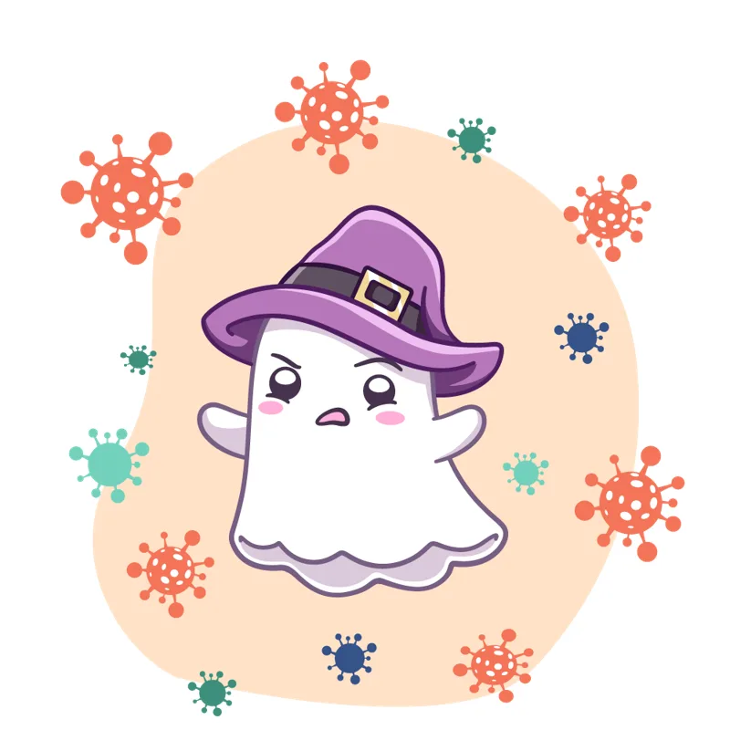A frowning ghost in a witch's hat, surrounded by cartoon germs