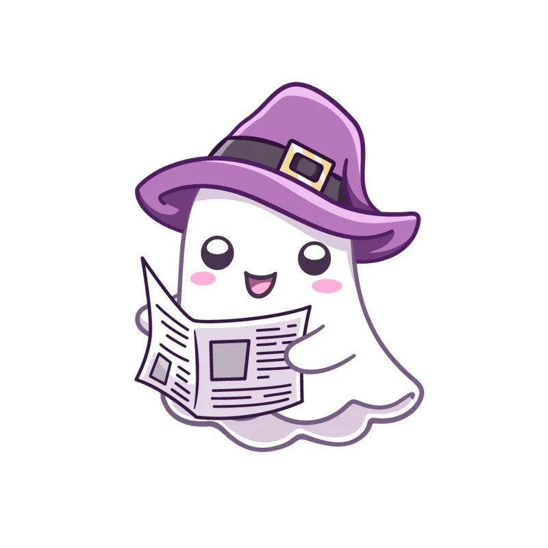 A smiling ghost in a witch's hat reading a newspaper