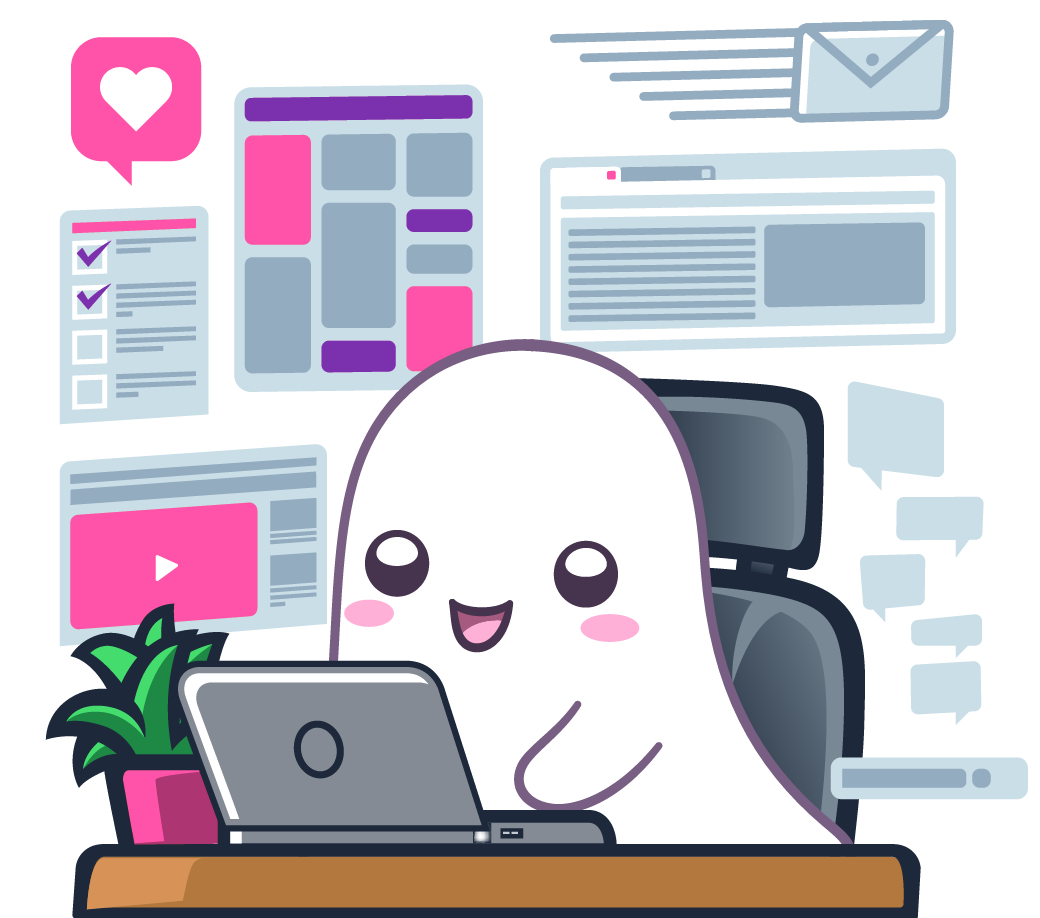 A ghost at a desk surrounded by open windows, notifications, and messages