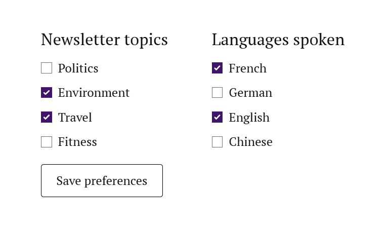 A preferences form on a Ghost site with two groups of checkboxes, Newsletter topics and Languages spoken, above a Save preferences button