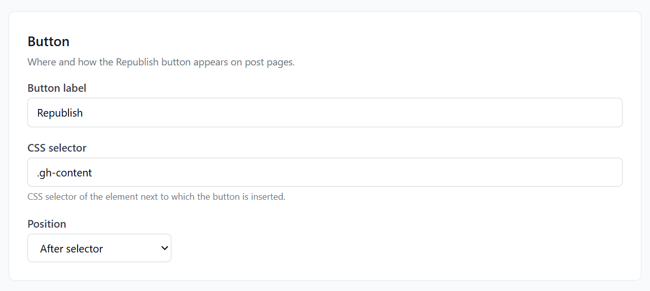 The Button settings card, with a Button label field reading Republish, a CSS selector field reading .gh-content, and a Position dropdown set to After selector