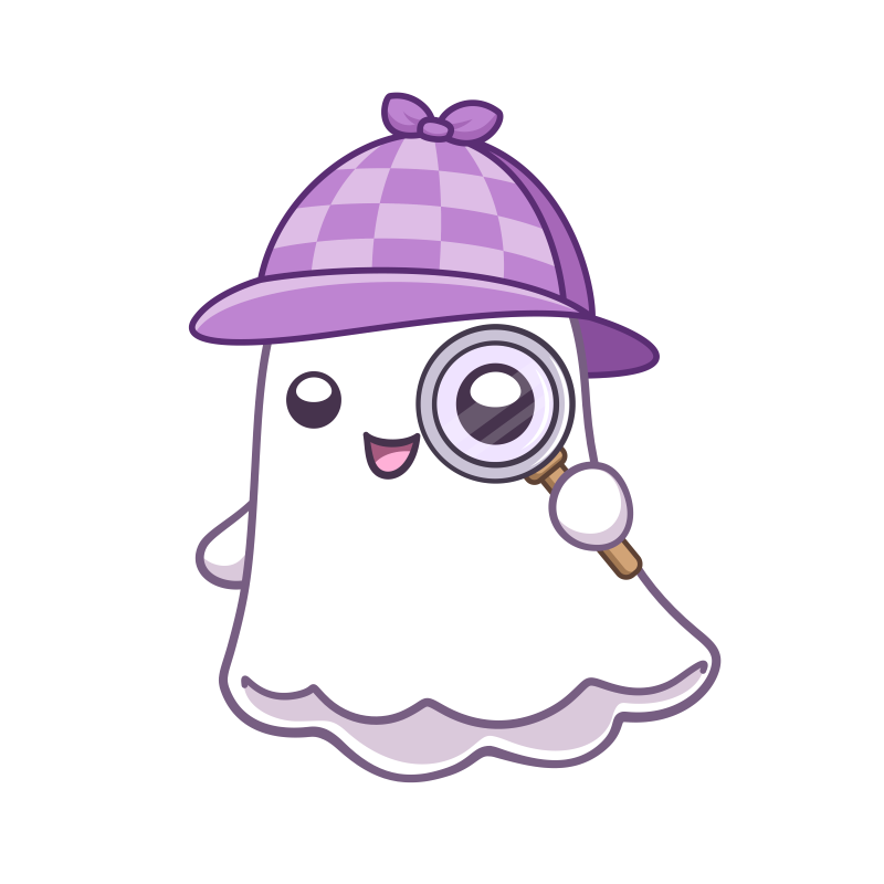 A cheerful ghost in a deerstalker cap, holding a magnifying glass