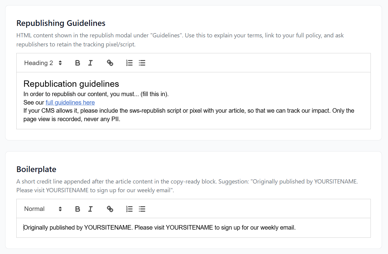 The Republishing Guidelines editor with a rich-text toolbar above the guideline copy, and below it a Boilerplate editor holding a one-line credit note